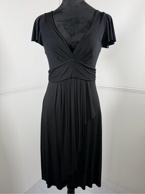 KLD Signature Black Faux Wrap Midi Dress Flutter Sleeve Size Medium